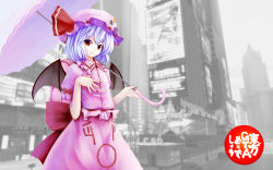 Rule 34 | 1girl, bad id, bad pixiv id, bat wings, blue hair, female focus, grand theft auto, hat, hat ribbon, highres, nishi masakazu, parody, pink hat, puffy sleeves, red eyes, remilia scarlet, ribbon, short hair, short sleeves, smile, solo, times square, touhou, umbrella, wings