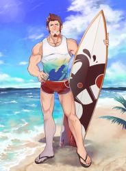 Rule 34 | 1boy, abs, absurdres, alternate costume, bara, beard, blue eyes, brown hair, cloud, cloudy sky, day, facial hair, fate/grand order, fate (series), full body, hand on own hip, highres, icelernd, large pectorals, long sideburns, looking at viewer, male focus, male swimwear, muscular, napoleon bonaparte (fate), nipple slip, nipples, ocean, pectorals, red male swimwear, red swim trunks, sandals, scar, sideburns, sky, smile, solo, surfboard, swim trunks, swimsuit, tank top