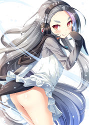 Rule 34 | 10s, 1girl, akashio (loli ace), ass, blush, closed mouth, forehead, from side, giant penguin (kemono friends), grey hair, headphones, highres, hood, hoodie, kemono friends, licking lips, long hair, looking at viewer, no panties, red eyes, smile, solo, tail, thick eyebrows, tongue, tongue out, very long hair, white background