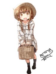 Rule 34 | 10s, 1girl, alternate costume, artist name, blush, brown eyes, brown hair, commentary request, darkside, hat, inazuma (kancolle), kantai collection, looking at viewer, open mouth, picnic basket, sidelocks, solo, straw hat, white background