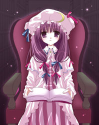 Rule 34 | 1girl, book, bow, chair, crescent, crescent moon, dress, female focus, hair ribbon, hat, holding, holding book, library, light particles, long hair, moon, open book, patchouli knowledge, pink bow, purple eyes, purple hair, ribbon, shirogane hina, sitting, solo, striped clothes, striped dress, touhou, tress ribbon, twintails, vertical stripes