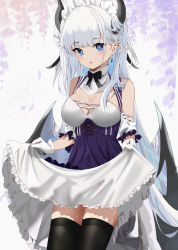 Rule 34 | 1girl, absurdres, apron, bare shoulders, black bow, black thighhighs, blue eyes, blush, borrowed character, bow, breasts, cleavage, commentary request, copyright request, detached sleeves, dress, ear piercing, earrings, frilled dress, frills, gloves, grey wings, highres, horns, jewelry, ksami, looking at viewer, low wings, maid headdress, medium breasts, parted lips, piercing, pointy ears, puffy short sleeves, puffy sleeves, purple apron, short sleeves, skirt hold, solo, stud earrings, thighhighs, white dress, white gloves, white hair, white sleeves, wings