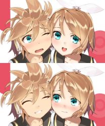 Rule 34 | 1boy, 1girl, :d, blonde hair, blue eyes, blush, bow, brother and sister, cheek-to-cheek, embarrassed, closed eyes, furukawa itsuse, grin, hair bow, hair ornament, hair ribbon, heads together, headset, highres, kagamine len, kagamine rin, open mouth, ribbon, sailor collar, short hair, siblings, smile, twins, vocaloid, wavy mouth