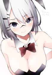 Rule 34 | 1girl, absurdres, animal ears, arknights, black leotard, bow, bowtie, breasts, bunny day, cleavage, collar, detached collar, floppy ears, frostnova (arknights), grey eyes, grey hair, hair ornament, hairclip, highres, large breasts, leotard, long hair, playboy bunny, rabbit ears, red bow, red bowtie, scar, scar on face, simple background, solo, strapless, strapless leotard, tsugu 0928, upper body, white background, white collar