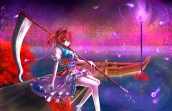 Rule 34 | 1girl, boat, female focus, flower, ghost, hair bobbles, hair ornament, highres, legs, md5 mismatch, mugen soukyuu, nature, onozuka komachi, outdoors, red eyes, red hair, river, scythe, short hair, sky, solo, spider lily, touhou, twintails, two side up, watercraft