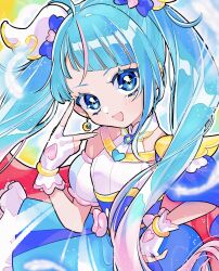 Rule 34 | 1girl, amaharu wasure, blue eyes, blue hair, bow, cape, cure sky, detached sleeves, earrings, fingerless gloves, gloves, hair ornament, hand on own hip, highres, hirogaru sky! precure, jewelry, long hair, looking at viewer, magical girl, multicolored hair, open mouth, pink hair, precure, single sidelock, smile, solo, sora harewataru, twintails, v, very long hair, white gloves, wing hair ornament