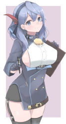 Rule 34 | 1girl, ako (blue archive), bell, black gloves, black skirt, black thighhighs, blue archive, blue eyes, blue hair, blue hairband, blue jacket, border, breasts, clipboard, cowlick, earrings, garter straps, gloves, hair between eyes, hair ribbon, hairband, half gloves, highres, holding, holding clipboard, holding pen, jacket, jewelry, looking at viewer, medium hair, miniskirt, mym ko, neck bell, pen, purple background, ribbon, sideboob, simple background, skirt, smile, solo, stud earrings, thighhighs, two-tone background, white background
