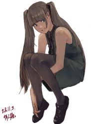 Rule 34 | 1girl, absurdres, bare arms, bare shoulders, black footwear, blunt bangs, brown hair, brown pantyhose, brown ribbon, commentary request, dated, dress, green dress, green eyes, grin, highres, hugging own legs, invisible chair, long hair, looking at viewer, neck ribbon, original, pantyhose, ribbon, shoes, short dress, signature, simple background, sitting, smile, solo, twintails, white background, zennosuke