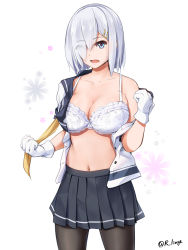 Rule 34 | 1girl, black pantyhose, blue eyes, blush, bra, breasts, eyes visible through hair, floral background, gloves, hair ornament, hair over one eye, hairclip, hamakaze (kancolle), highres, kantai collection, large breasts, lingerie (aki3240), looking at viewer, open clothes, open mouth, pantyhose, pleated skirt, school uniform, serafuku, short hair, short sleeves, silver hair, skirt, solo, underwear, white bra, white gloves
