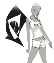 Rule 34 | 1girl, brazil, brazilian flag, clothes writing, dark-skinned female, dark skin, earrings, flag, greyscale, image sample, jewelry, looking at viewer, monochrome, navel, orange theme, pixiv sample, shorts, simple background, smile, solo, sousou (sousouworks), tank top, white background