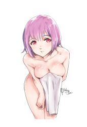 Rule 34 | 1girl, breasts, gridman universe, highres, large breasts, nude, pink hair, red eyes, relaxjon, shinjou akane, solo, ssss.gridman, standing, towel, white background