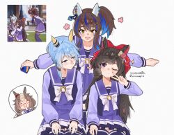 4girls black_hair blue_eyes blush breasts brown_hair closed_eyes closed_mouth daiichi_ruby_(umamusume) daitaku_helios_(umamusume) dated from_behind hair_between_eyes hair_ornament highres horse_girl k.s.miracle_(umamusume) low_twintails medium_breasts medium_hair multicolored_hair multiple_girls one_eye_closed open_mouth photo-referenced purple_eyes saramiao-chan school_uniform smile streaked_hair tracen_school_uniform twintails twitter_username umamusume v white_background yamanin_zephyr_(umamusume)