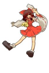Rule 34 | 1girl, :d, ascot, blush, bow, breasts, brown eyes, brown footwear, brown hair, collared shirt, commentary request, detached sleeves, frilled bow, frilled hair tubes, frilled shirt collar, frilled skirt, frills, full body, hair bow, hair tubes, hakurei reimu, highres, holding, iwaserie, looking at viewer, medium hair, one-hour drawing challenge, open mouth, red bow, red shirt, red skirt, ribbon-trimmed sleeves, ribbon trim, shirt, shoes, sidelocks, simple background, skirt, skirt set, sleeveless, sleeveless shirt, small breasts, smile, socks, solo, talisman, touhou, white background, white sleeves, white socks, wide sleeves, yellow ascot