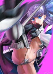 Rule 34 | 10s, 1girl, abazu-red, armor, armored boots, artist name, bikini armor, black coat, blue eyes, boots, coat, commentary request, crotch plate, fate/extra, fate/extra ccc, fate (series), greaves, hair ribbon, kicking, long hair, long sleeves, looking at viewer, meltryllis (fate), meltryllis (second ascension) (fate), motion blur, navel, open mouth, purple hair, revealing clothes, ribbon, signature, solo, standing, thigh boots, thighhighs, twitter username, very long hair