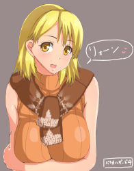 Rule 34 | 1girl, ashley graham, blonde hair, breasts, brown background, brown eyes, copyright name, crossed arms, large breasts, looking at viewer, mikaponcho, orange shirt, resident evil, resident evil 4, ribbed sweater, scarf, shirt, short hair, simple background, smile, sweater, translation request, upper body