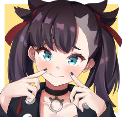 Rule 34 | 1girl, aqua eyes, asymmetrical bangs, asymmetrical hair, backy1005, black hair, black jacket, black nails, blush, choker, collarbone, commentary request, creatures (company), finger to cheek, fingersmile, game freak, hair ribbon, jacket, looking at viewer, marnie (pokemon), nail polish, nintendo, open clothes, pokemon, pokemon swsh, portrait, red ribbon, ribbon, smile, solo, twintails