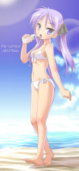 Rule 34 | 00s, 1girl, bare shoulders, barefoot, beach, bikini, bottle, breasts, cleavage, cloud, collarbone, feet, female focus, full body, g-tetsu, groin, hard-translated, highres, hiiragi kagami, long hair, long legs, looking at viewer, lucky star, navel, ocean, open mouth, purple eyes, purple hair, shochuumimai, side-tie bikini bottom, sky, solo, standing, swimsuit, third-party edit, tongue, tongue out, translated, tsurime, twintails