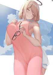Rule 34 | 1girl, absurdres, apron, arched back, armpits, blonde hair, blush, breasts, character request, closed eyes, cloud, commentary, copyright request, cowboy shot, english commentary, eyelashes, unworn eyewear, halo, hand on breast, hands up, head tilt, highres, holding, holding removed eyewear, large breasts, leaning back, looking at viewer, medium hair, shiny skin, sidelocks, sleeveless, smile, solo, swept bangs, w4pz
