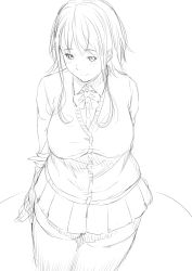 Rule 34 | 1girl, arm behind back, bow, breasts, from above, greyscale, hand on own arm, highres, holding, large breasts, long sleeves, looking at viewer, monochrome, niwatazumi, original, pleated skirt, school uniform, shadow, short hair with long locks, sketch, skirt, smile, solo, sweater, sweater vest, thighhighs, white background