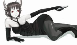 Rule 34 | bad id, bad pixiv id, bare shoulders, beni-syoga, black hair, controller, elbow gloves, gloves, horns, lying, original, pale skin, pantyhose, pointy ears, red eyes, remote control, short hair, socks