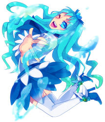 Rule 34 | 10s, 1girl, back, blue eyes, blue hair, blue skirt, blue theme, boots, choker, cure marine, dress, hair ornament, heart, heartcatch precure!, kurumi erika, lgw7, long hair, looking back, magical girl, matching hair/eyes, one eye closed, open mouth, precure, ribbon, skirt, smile, solo, thighhighs, water, white background, white thighhighs, wink, wrist cuffs