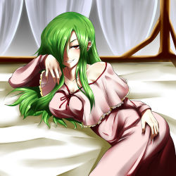 Rule 34 | 1girl, bed, blush, breasts, copycat (homura), covered erect nipples, covered navel, female focus, green hair, hair over one eye, hand on own hip, hat, kazami yuuka, kazami yuuka (pc-98), large breasts, long hair, lotus land story, lying, naughty face, nightgown, no headwear, on side, pajamas, red eyes, team shanghai alice, touhou, touhou (pc-98)