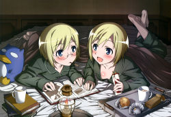 Rule 34 | 2girls, :d, absurdres, barefoot, bed sheet, blanket, blonde hair, blue eyes, blush, body blush, book, candle, collarbone, cup, eating, erica hartmann, europe map, feet, food, glasses, highres, lantern, lying, map, muffin, mug, multiple girls, nyantype, official art, on bed, on stomach, open book, open mouth, pajamas, pocky, reading, short hair, siblings, sisters, smile, strike witches, strike witches: suomus misfits squadron, stuffed animal, stuffed penguin, stuffed toy, twins, ursula hartmann, world witches series