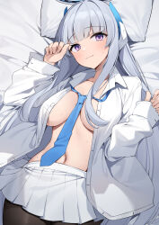 1girl absurdres bed_sheet blue_archive blue_necktie blush breasts closed_mouth grey_hair highres long_hair looking_at_viewer lying medium_breasts navel necktie noa_(blue_archive) on_back open_clothes open_mouth open_shirt pillow pleated_skirt purple_eyes shirt skirt solo suiroh_(shideoukami) sweat white_shirt white_skirt