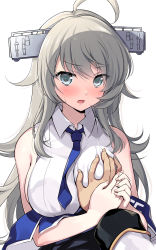 Rule 34 | 1boy, 1girl, ahoge, bare shoulders, blue neckwear, blush, grabbing another&#039;s breast, breasts, grabbing, grey eyes, guided breast grab, guiding hand, headgear, holding another&#039;s arm, kantai collection, large breasts, long hair, military, military uniform, necktie, odawara hakone, shirt, silver hair, sleeveless, sleeveless shirt, uniform, washington (kancolle), white background, white shirt