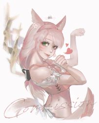 Rule 34 | 1girl, animal ears, artist name, warrior of light (ff14), bare shoulders, black bow, bow, cat ears, cat tail, closed mouth, commission, english text, facial hair, facial mark, final fantasy, final fantasy xiv, flower, frills, green eyes, hair bow, hair flower, hair ornament, heart, highres, long hair, looking at viewer, mayak666, miqo&#039;te, paw pose, pink hair, pink lips, slit pupils, smile, solo, square enix, tail, whisker markings, white flower