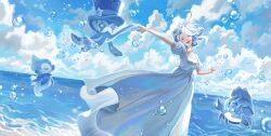Rule 34 | 1girl, absurdres, alternate costume, blue sky, breasts, cloud, cloudy sky, cowlick, floating hair, furina (genshin impact), genshin impact, gentilhomme usher, happy, highres, horizon, lankie, mademoiselle crabaletta, medium breasts, ocean, outstretched arm, puffy short sleeves, puffy sleeves, short hair, short sleeves, sky, solo, surintendante chevalmarin, water drop, white hair