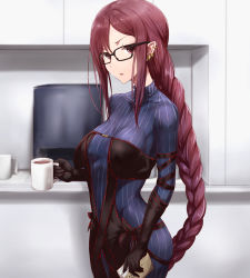 Rule 34 | 1girl, black-framed eyewear, black dress, black gloves, blue dress, blue sweater, book, braid, breasts, coffee, collarbone, cup, dress, fate/grand order, fate (series), glasses, gloves, highres, holding, holding book, holding cup, kitchen, long hair, long sleeves, looking at viewer, medium breasts, mug, parted lips, purple eyes, purple hair, ribbed sweater, sakaokasan, single braid, solo, steam, strapless, strapless dress, sweater, sweater dress, turtleneck, turtleneck sweater, very long hair, yu mei-ren (fate), yu mei-ren (first ascension) (fate)