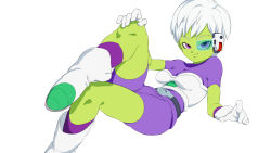 Rule 34 | 1girl, alien, armor, artist name, belt, bodysuit, boots, breastplate, breasts, cheelai, colored skin, dragon ball, dragon ball super, dragon ball super broly, gloves, green skin, grin, large breasts, lips, looking at viewer, motor vehicle, no humans, pink eyes, rom (20), scooter, short hair, simple background, sitting, smile, white background, white hair