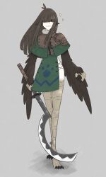 Rule 34 | 1girl, @ @, absurdres, animal ears, armored capelet, artist name, bird ears, bird legs, black feathers, black hair, black wings, capelet, claws, commentary, crowe (gimli34), digitigrade, feathers, gimli34, green capelet, green eyes, grey background, hair over eyes, harpy, highres, holding, holding sword, holding weapon, khopesh, long hair, monster girl, original, side slit, simple background, solo, sparkle, sword, talons, weapon, winged arms, wings