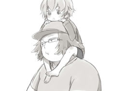 Rule 34 | 1boy, 1girl, 5pb., age difference, amane suzuha, bad id, bad pixiv id, barefoot, carrying, child, father and daughter, glasses, hashida itaru, hat, monochrome, monokuro (snog), nitroplus, piggyback, science adventure, short hair, shoulder carry, spoilers, steins;gate, aged down