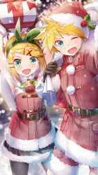 Rule 34 | 1boy, 1girl, aqua eyes, arms up, bell, belt, black gloves, black skirt, blonde hair, blurry, blurry background, blush, bow, box, brother and sister, capelet, christmas, commentary, cowboy shot, daidou (demitasse), dress, fur-trimmed capelet, fur-trimmed dress, fur-trimmed jacket, fur-trimmed shorts, fur-trimmed skirt, fur trim, gift, gift box, gloves, green bow, hair bow, hair ornament, hairclip, hat, highres, holding, holding gift, holding sack, holly hair ornament, jacket, kagamine len, kagamine rin, looking at viewer, neck bell, one eye closed, open mouth, outdoors, red capelet, red dress, red headwear, red jacket, red shorts, sack, santa costume, santa dress, santa hat, short hair, shorts, siblings, skirt, smile, snowing, spiked hair, standing, swept bangs, thighhighs, twins, vocaloid