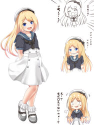 Rule 34 | 1girl, arms behind back, blonde hair, blue eyes, blue sailor collar, comiching, commentary request, dress, expressions, frilled legwear, frills, full body, hat, highres, jervis (kancolle), kantai collection, looking at viewer, multiple views, sailor collar, sailor dress, sailor hat, short sleeves, simple background, smile, socks, white background, white hat, white legwear
