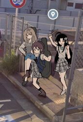 Rule 34 | 3girls, awa subaru, black-framed eyewear, black footwear, blue bow, blue bowtie, blue shirt, blue shorts, bow, bowtie, brown footwear, brown hair, chain-link fence, closed mouth, commentary, day, drumsticks, fence, fishnet top, fishnets, girls band cry, grey shirt, grey skirt, guitar case, hair ribbon, hashtag-only commentary, high school girls posing for google street view (meme), highres, hl (iamawhitehippo), holding, holding drumsticks, instrument case, instrument on back, iseri nina, kawaragi momoka, meme, multicolored hair, multiple girls, open mouth, outdoors, photo background, pinky out, plaid, plaid skirt, ribbon, road sign, roots (hair), school uniform, shirt, shorts, sign, skirt, smile, white ribbon