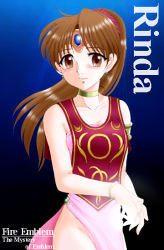 Rule 34 | 1girl, armlet, blush, bracelet, brown eyes, brown hair, character name, choker, copyright name, crown, dress, fire emblem, fire emblem: mystery of the emblem, hat, hissaa (starlight express), jewelry, linde (fire emblem), nintendo, no panties, ponytail, side slit, solo, thighs, tiara