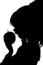 Rule 34 | 1girl, absurdres, apple, bad apple!!, food, fruit, greyscale, hakurei reimu, highres, holding, holding food, holding fruit, hungry clicker, monochrome, open mouth, profile, silhouette, solo, touhou, upper body