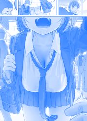 Rule 34 | 1girl, 4boys, ai-chan (tawawa), bag, blue theme, braid, breasts, chair, cleavage, comic, commentary request, downblouse, faceless, faceless male, getsuyoubi no tawawa, highres, himura kiseki, large breasts, looking at breasts, miniskirt, monochrome, multiple boys, musical note, necktie, open mouth, pov, school bag, short hair, silent comic, skirt, sleeping, surprised, sweat, thighs, zzz
