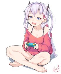Rule 34 | 1girl, bare legs, barefoot, blue eyes, blush, breasts, cleavage, collarbone, colored inner hair, controller, dated, eyelashes, feet, full body, game controller, hair intakes, hair ornament, highres, holding, holding controller, holding game controller, hori shin, indian style, legs, long hair, long sleeves, medium breasts, multicolored hair, nail polish, no pants, off-shoulder shirt, off shoulder, original, panties, pink hair, pink nails, pink shirt, purple hair, shirt, signature, simple background, sitting, solo, streaked hair, thighs, toenail polish, toenails, toes, underwear, white background, white panties