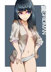 Rule 34 | 10s, 1girl, absurdres, black hair, copyright name, covering crotch, covering privates, grey background, gridman universe, hand on own hip, highres, no pants, open clothes, open shirt, outside border, panties, shirt, solo, ssss.gridman, tagme, takarada rikka, underwear