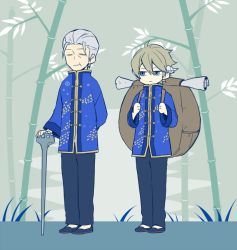 Rule 34 | 2boys, 7100potechi, backpack, bag, bamboo, bamboo forest, black footwear, blue eyes, blue shirt, brown hair, cane, chinese clothes, closed eyes, closed mouth, flats, forest, full body, grass, hair between eyes, hair slicked back, holding, holding cane, holding strap, horns, hyuse, legs together, light brown hair, light smile, long sleeves, male focus, multiple boys, nature, old, old man, pants, scroll, shirt, short hair, standing, viza, world trigger
