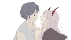 Rule 34 | 10s, 1boy, 1girl, absurdres, black cloak, black hair, blush, cloak, commentary request, couple, crying, darling in the franxx, fang, fringe trim, hand on another&#039;s face, hetero, highres, hiro (darling in the franxx), hood, hooded cloak, horns, long hair, looking at another, oni horns, parka, pink hair, red horns, shirt, short hair, sleeveless, sleeveless shirt, user kdzd5347, zero two (darling in the franxx)