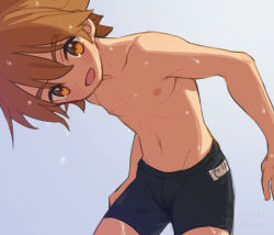 Rule 34 | 1boy, bad id, bad pixiv id, bent over, blue background, blue male swimwear, blue swim trunks, blush, brown eyes, brown hair, cowboy shot, forked eyebrows, great kichi, looking at viewer, male focus, male school swimsuit, male swimwear, name tag, navel, nipples, open mouth, pop-up story, selim spark, simple background, solo, swim briefs, swim trunks, swimsuit, topless, topless male, wet, wet clothes, wet swimsuit