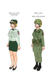 Rule 34 | blonde hair, blue eyes, female soldier, gogocherry, highres, korean text, soldier, uniform