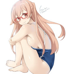 Rule 34 | 10s, 1girl, breasts, brown eyes, brown hair, glasses, large breasts, long hair, school swimsuit, shiraishi (tanakeda), sideboob, simple background, sitting, smile, solo, swimsuit, tanaka-kun wa itsumo kedaruge, tilt-shift (azalanz), two side up, white background