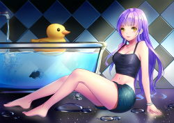 Rule 34 | 1girl, arm support, bare shoulders, barefoot, bathtub, black shirt, breasts, catcan, checkered background, cleavage, collarbone, indoors, long hair, medium breasts, midriff, navel, original, purple hair, shirt, short shorts, shorts, sitting, solo, yellow eyes