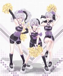 Rule 34 | 3girls, arm up, armpits, asymmetrical legwear, bare shoulders, bike shorts, black dress, black socks, cheerleader, commentary, criss-cross halter, dated, dress, emu (marico w), flower (gynoid talk), flower (vocaloid), flower (vocaloid3), flower (vocaloid4), full body, gynoid talk, half-closed eyes, halterneck, highres, holding, holding pom poms, kneehighs, leaning forward, looking at viewer, medium hair, multicolored hair, multiple girls, multiple persona, narrow waist, one eye closed, open mouth, outstretched arm, pom pom (cheerleading), pom poms, purple hair, shoes, short hair, smile, sneakers, socks, standing, streaked hair, twitter username, uneven legwear, vocaloid, white hair